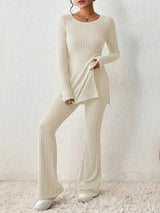 2Pcs Ribbed Knit Split Lounge Set