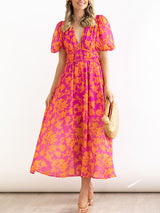 Puff Sleeve V Neck Flower Maxi Dress