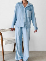 2 Piece Solid Blue Long Pants Lounge Set