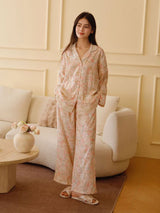 Kafiloe Floral Print Lace Trim Long Sleeve Pajama Set