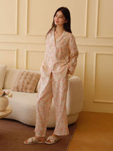 Kafiloe Floral Print Lace Trim Long Sleeve Pajama Set