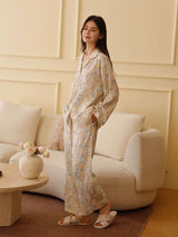 Kafiloe Floral Print Lace Trim Long Sleeve Pajama Set