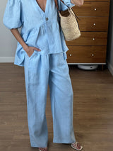 Ruffled Bubble Sleeve Two Piece Pants Set