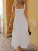 Square Neck High Waist Midi Dress