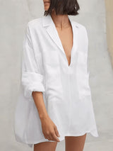 Deep V Solid Color Shirt Mini Dress