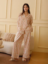 Kafiloe Floral Print Lace Trim Long Sleeve Pajama Set