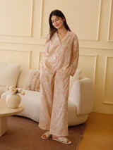 Kafiloe Floral Print Lace Trim Long Sleeve Pajama Set