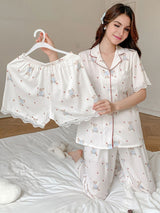 Short Sleeve Lace Trim Bear Printed Pajamas