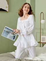 Square Neck Ruffle Hem Long Pants Pajama Set