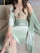 2pcs Solid Color Lace Velvet Pajamas