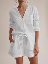 2Pcs V Neck Gauze Button Down Loungewear