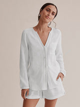 2Pcs V Neck Gauze Button Down Loungewear