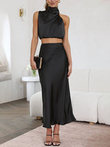 Sleeveless Satin Ctop Top Maxi Skirt Dress