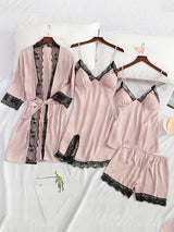 4pcs Solid Lace Satin Pajamas