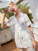 2Pcs Lace Patchwork Lapel Short Sleeve Loungewear