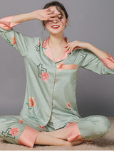 Satin Print Shirt Pajamas Set