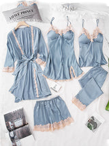 5pcs Lace Stitching Silk Satin Pajama Set