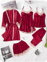 5pcs Lace Stitching Silk Satin Pajama Set