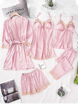 5pcs Lace Stitching Silk Satin Pajama Set