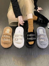 Double Buckle Furry Slippers