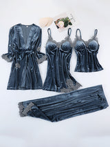 4pcs Lace Stitching Velvet Pajama Set