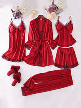 5pcs Lace Belted Satin Silk Pajama Set