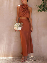 Sleeveless Satin Ctop Top Maxi Skirt Dress