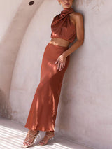 Sleeveless Satin Ctop Top Maxi Skirt Dress