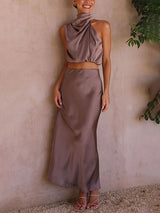 Sleeveless Satin Ctop Top Maxi Skirt Dress