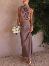 Sleeveless Satin Ctop Top Maxi Skirt Dress