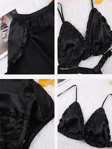 3Pcs Silk Satin Lace Cardigan Crop Top Loungewear