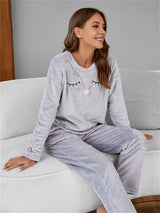 Cute Embroidery Flannel Pajama Set