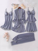 5pcs Lace Belted Satin Silk Pajama Set