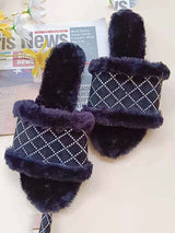 Fluffy Quilted Rhinestone Decor Slippers