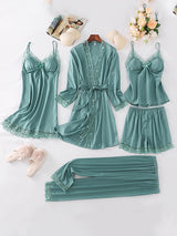 5pcs Lace Belted Satin Silk Pajama Set