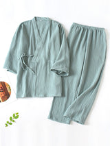 Belted Robe Pants Cotton Pajamas - Kafiloe