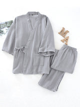 Belted Robe Pants Cotton Pajamas - Kafiloe