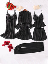 5pcs Lace Belted Satin Silk Pajama Set