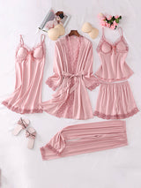 5pcs Lace Belted Satin Silk Pajama Set