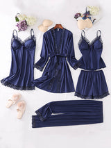 5pcs Lace Belted Satin Silk Pajama Set