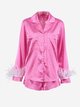 2Pcs Long Sleeve Silk Satin Button Collar Pajamas