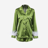 2Pcs Long Sleeve Silk Satin Button Collar Pajamas