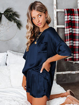 Loose Pocket Casual Satin Set