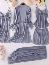 5pcs Lace Belted Satin Silk Pajama Set