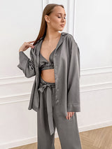 3Pcs Silk Satin Tank Top Shirt Long Pants Loungewear