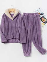 2Pcs Fleece Lapel Long Sleeve Pajamas