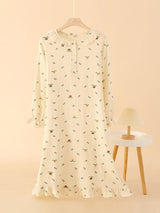 Crepe Doll Collar Ruffled Print Nightdress