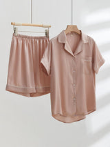 Summer Solid Silk Shirt Shorts Pajamas Set