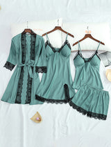 4pcs Solid Lace Satin Pajamas