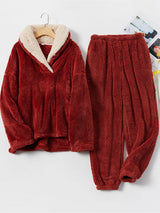 2Pcs Fleece Lapel Long Sleeve Pajamas